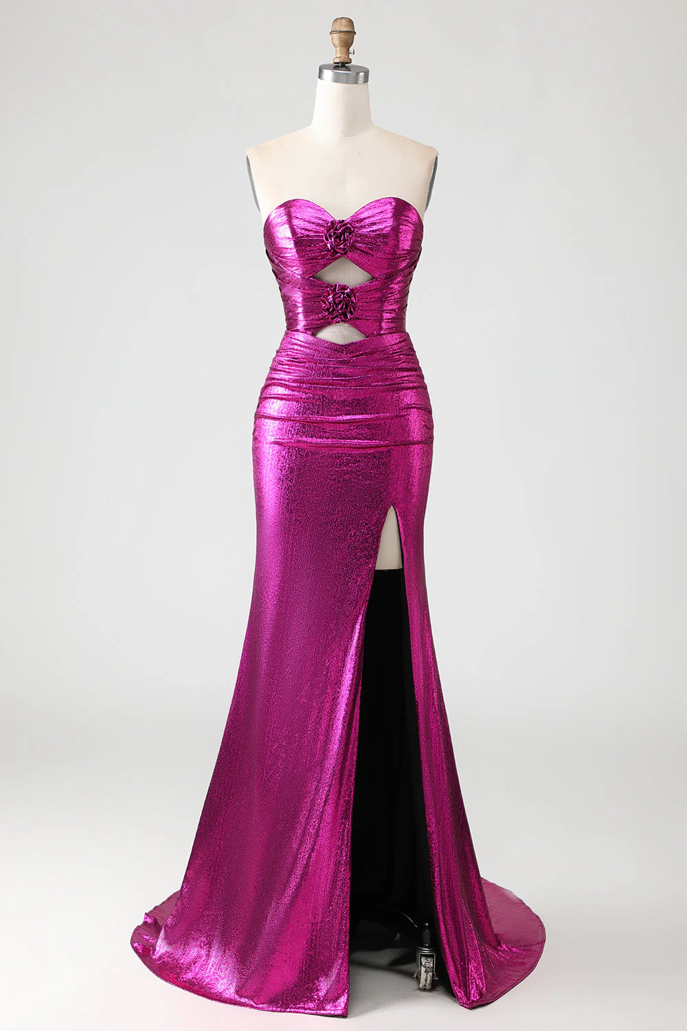 Metallic Dark Golden Mermaid Strapless Cut Out Long Prom Dress with Slit - Image 7