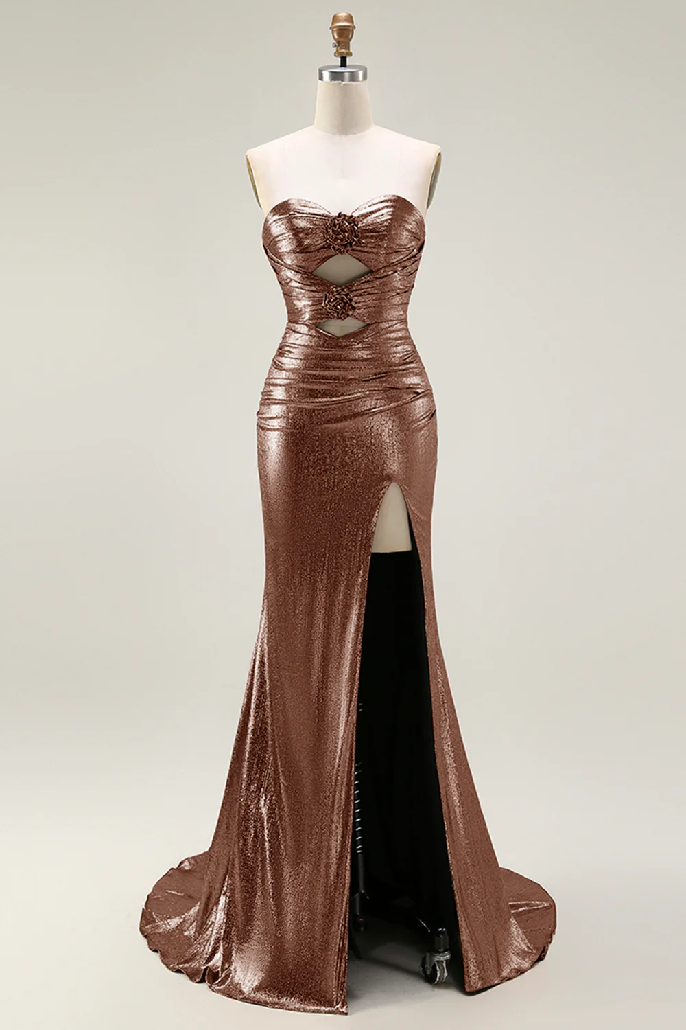 Metallic Dark Golden Mermaid Strapless Cut Out Long Prom Dress with Slit - Image 9