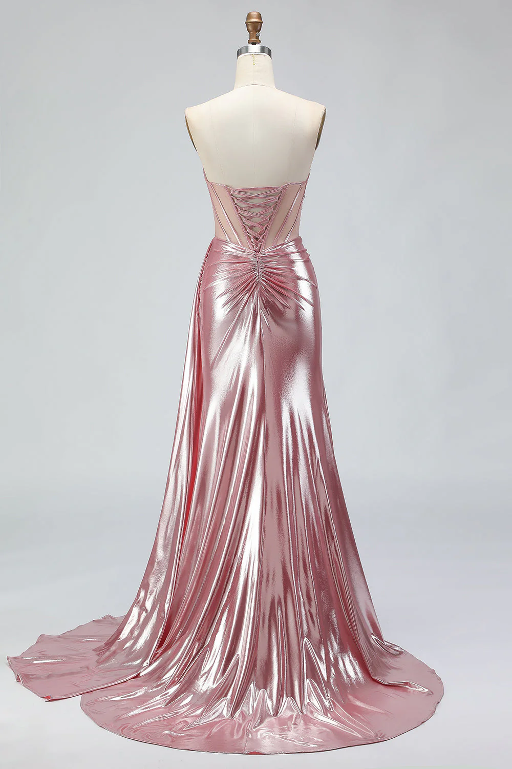 Metallic Dark Green Mermaid Strapless Pleated Corset Long Prom Dress with Slit - Image 10