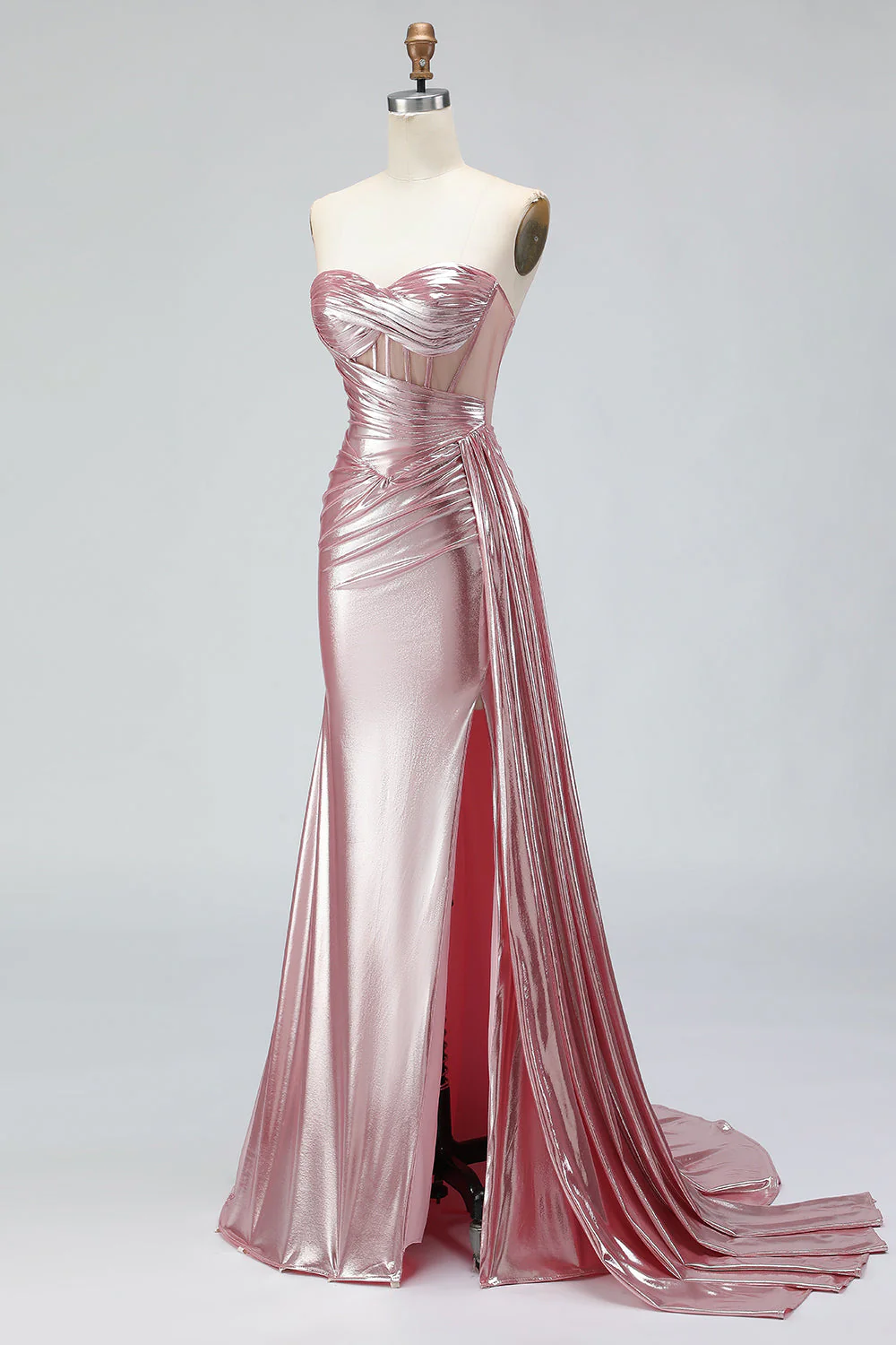 Metallic Dark Green Mermaid Strapless Pleated Corset Long Prom Dress with Slit - Image 13