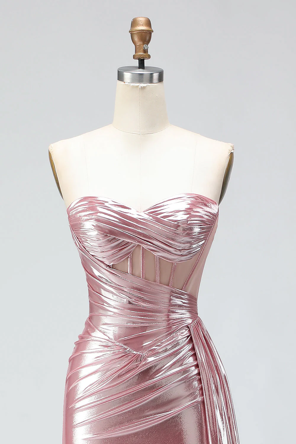 Metallic Dark Green Mermaid Strapless Pleated Corset Long Prom Dress with Slit - Image 14