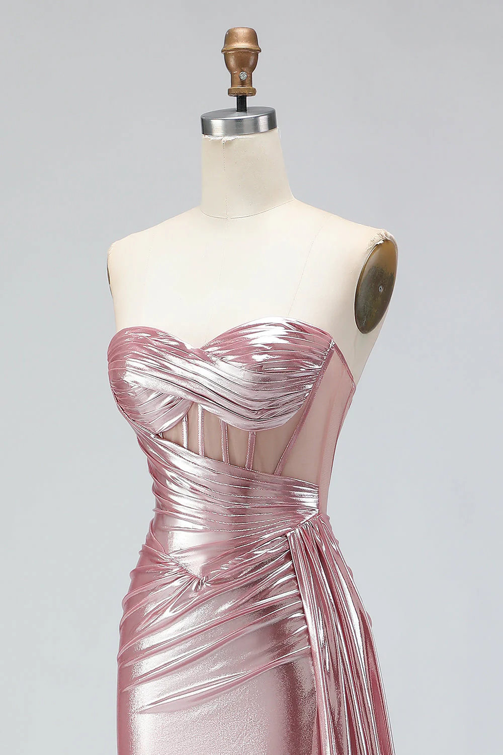 Metallic Dark Green Mermaid Strapless Pleated Corset Long Prom Dress with Slit - Image 16