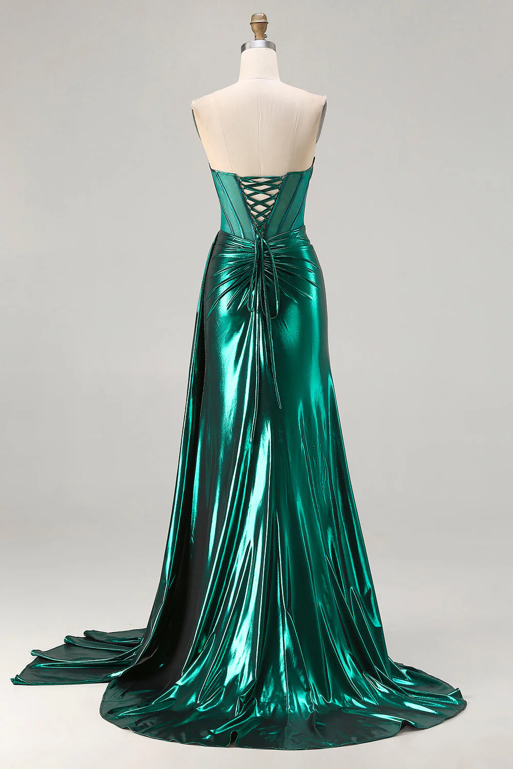 Metallic Dark Green Mermaid Strapless Pleated Corset Long Prom Dress with Slit - Image 2