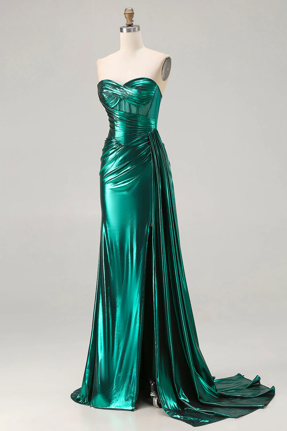 Metallic Dark Green Mermaid Strapless Pleated Corset Long Prom Dress with Slit - Image 5