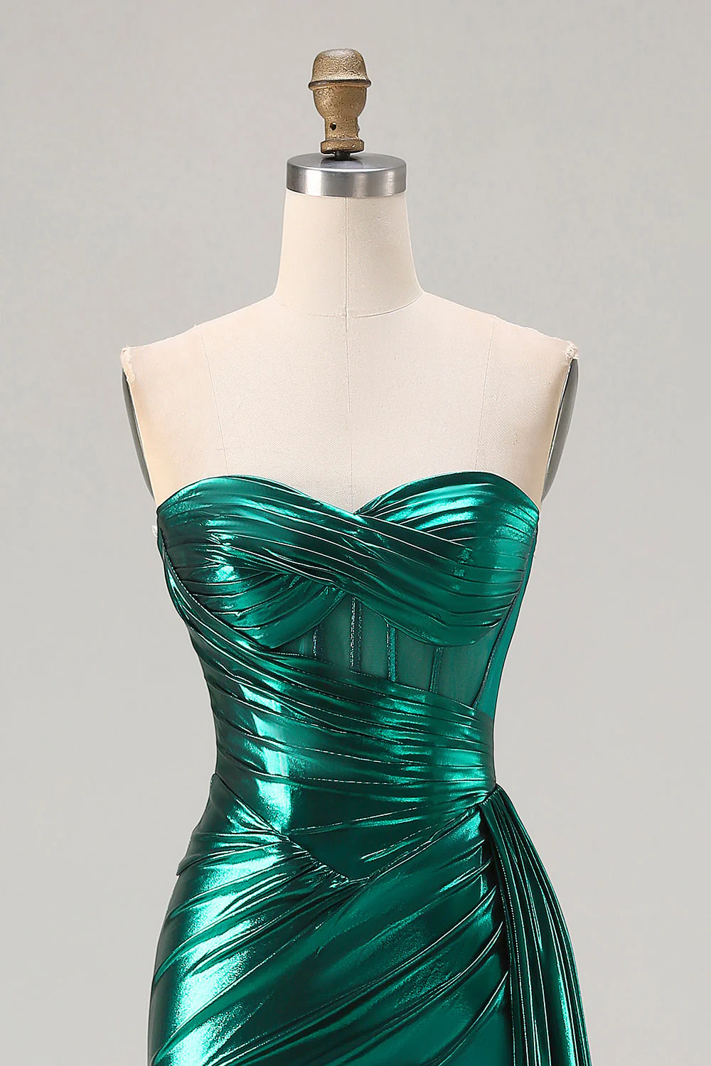 Metallic Dark Green Mermaid Strapless Pleated Corset Long Prom Dress with Slit - Image 6