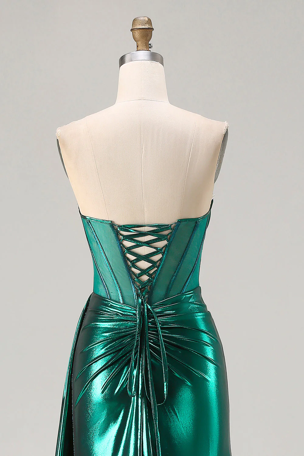 Metallic Dark Green Mermaid Strapless Pleated Corset Long Prom Dress with Slit - Image 7