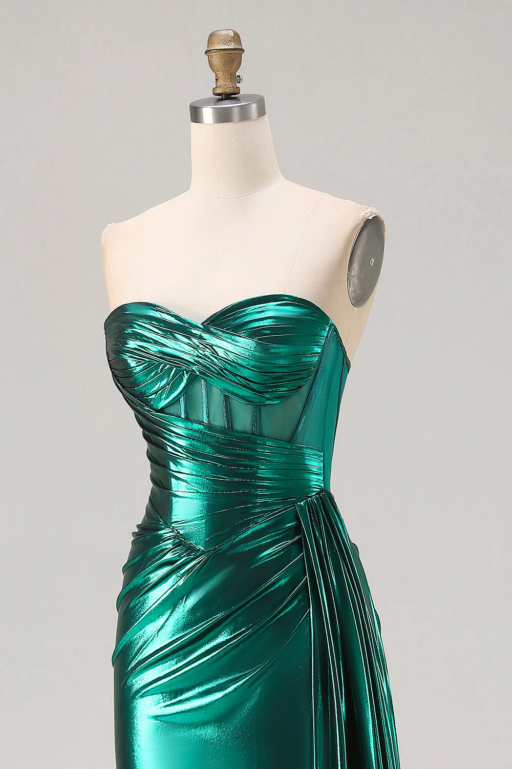 Metallic Dark Green Mermaid Strapless Pleated Corset Long Prom Dress with Slit - Image 8