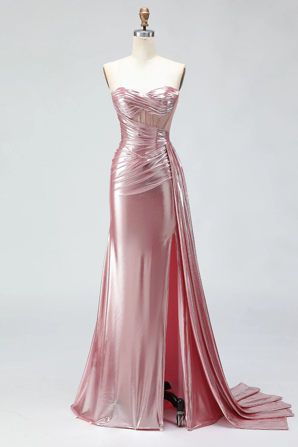Metallic Dark Green Mermaid Strapless Pleated Corset Long Prom Dress with Slit - Image 9