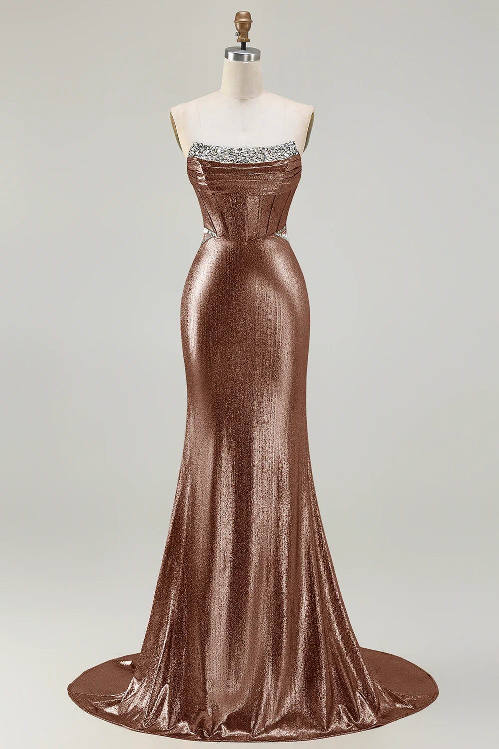 Metallic Fuchsia Mermaid Beaded Corset Strapless Long Prom Dress - Image 13