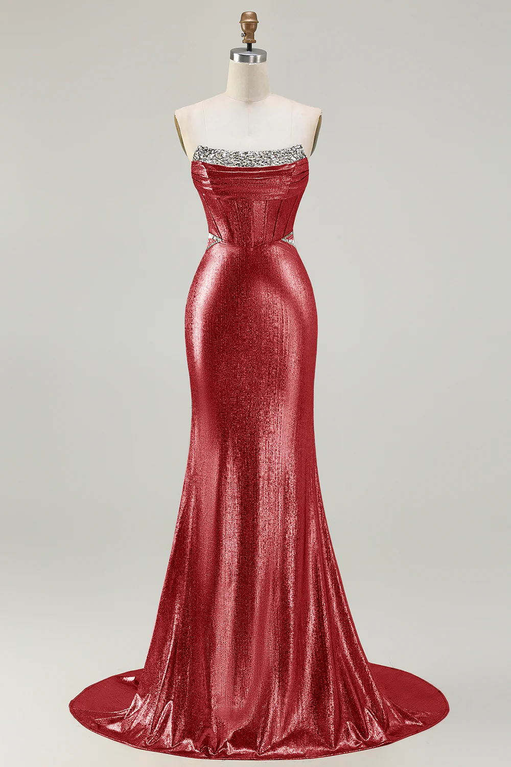 Metallic Fuchsia Mermaid Beaded Corset Strapless Long Prom Dress - Image 15