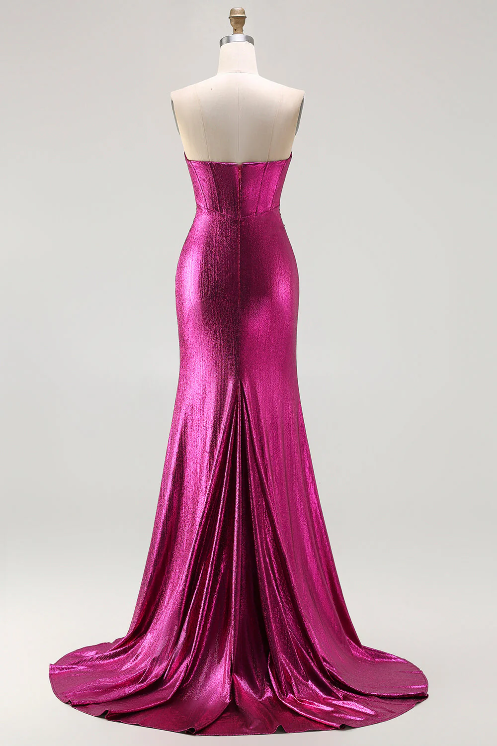 Metallic Fuchsia Mermaid Beaded Corset Strapless Long Prom Dress - Image 2