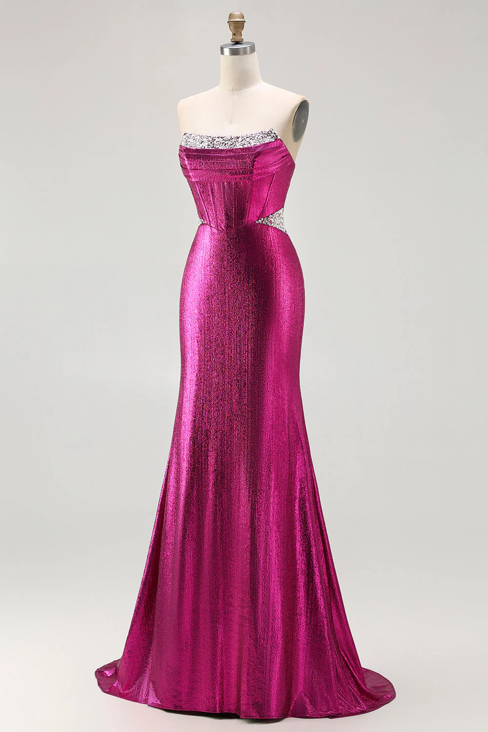 Metallic Fuchsia Mermaid Beaded Corset Strapless Long Prom Dress - Image 3