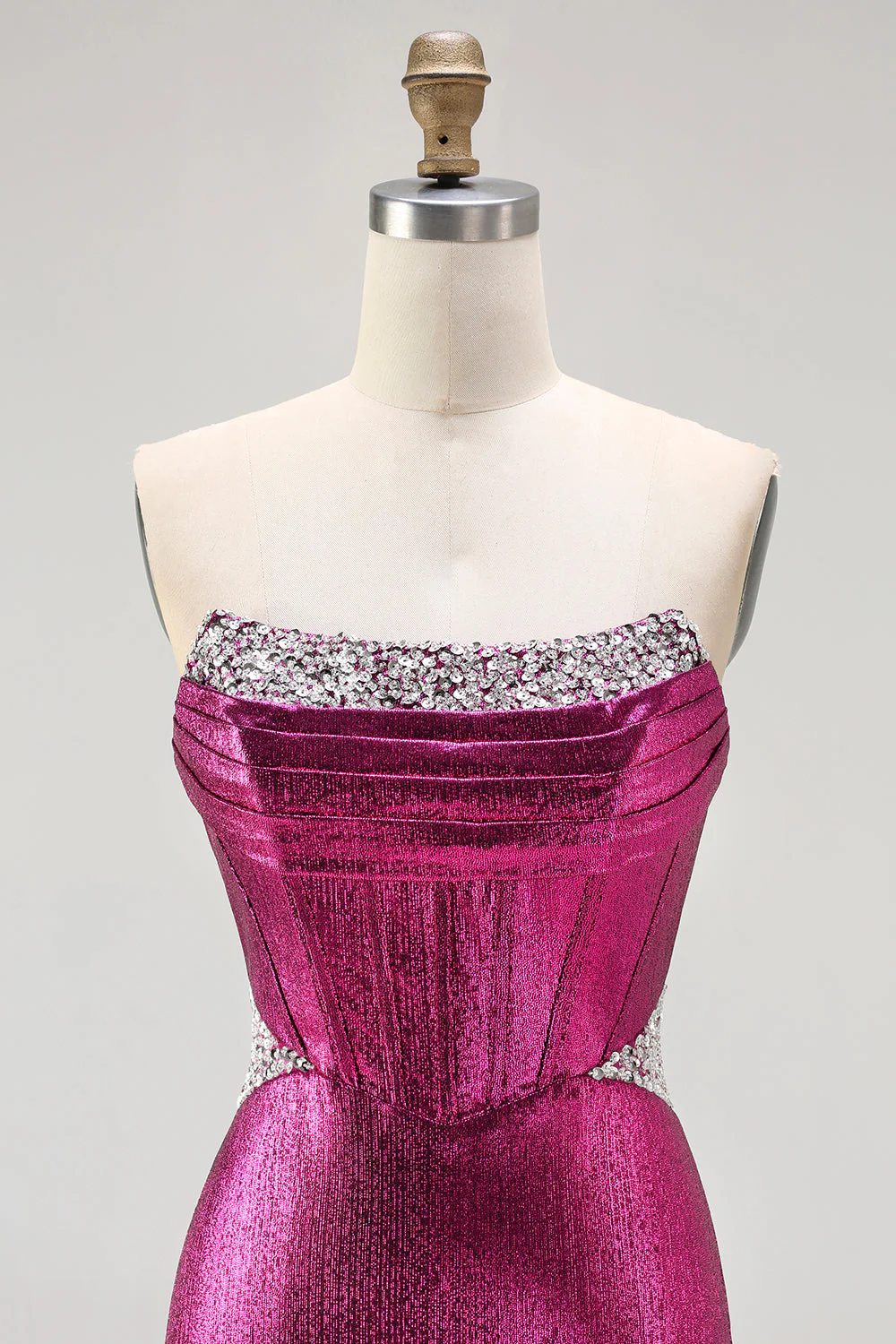 Metallic Fuchsia Mermaid Beaded Corset Strapless Long Prom Dress - Image 4