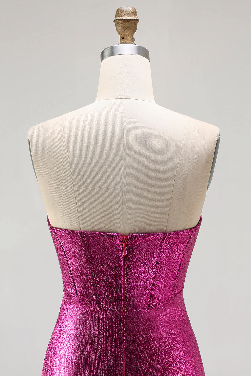 Metallic Fuchsia Mermaid Beaded Corset Strapless Long Prom Dress - Image 5