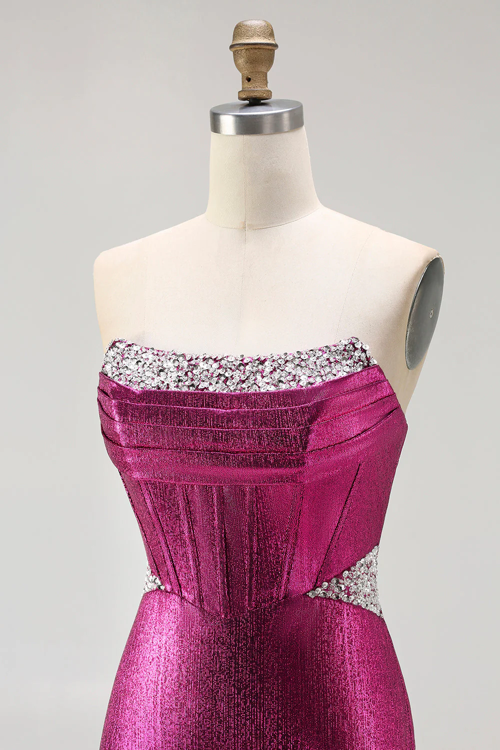 Metallic Fuchsia Mermaid Beaded Corset Strapless Long Prom Dress - Image 6