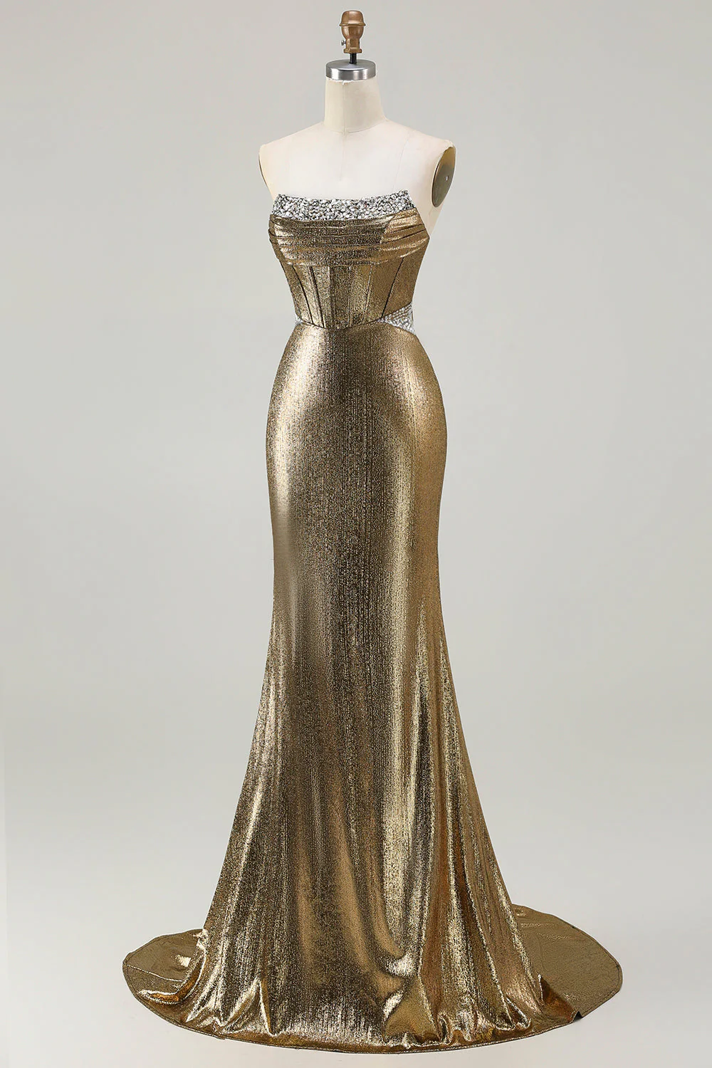 Metallic Fuchsia Mermaid Beaded Corset Strapless Long Prom Dress - Image 9