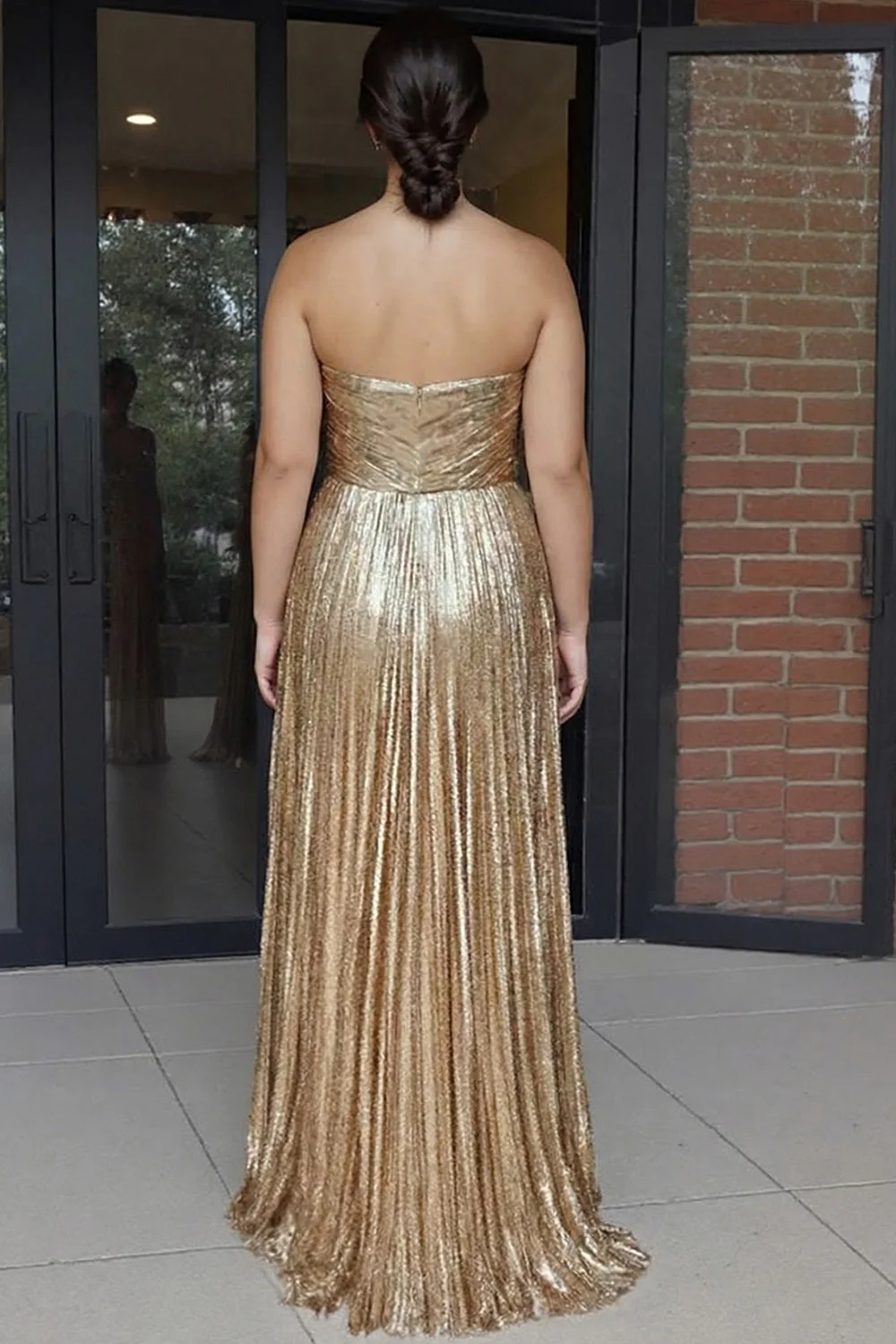 Metallic Gold Pleated A-Line Sweetheart Long Plus Size Prom Dress - Image 2