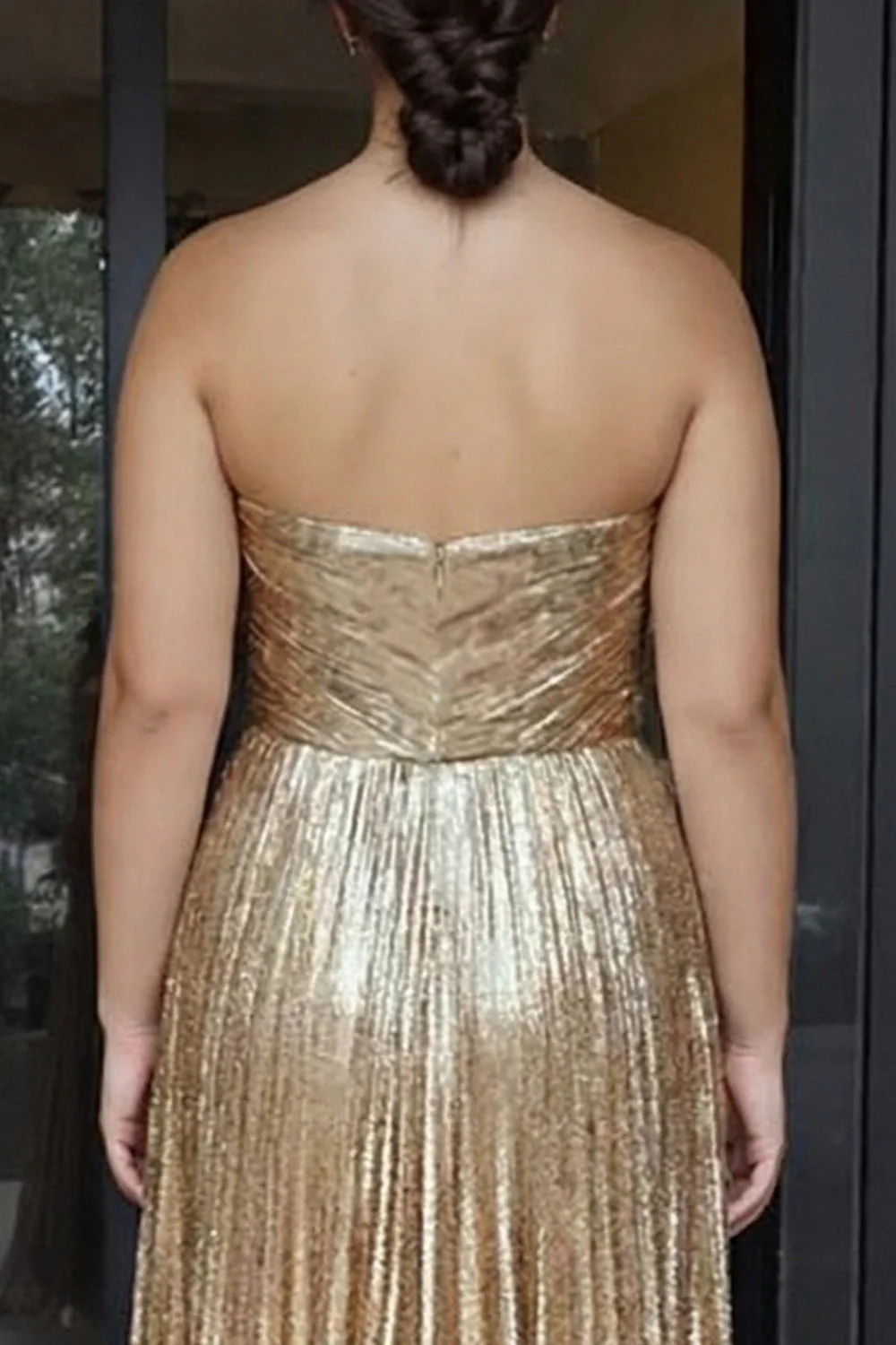 Metallic Gold Pleated A-Line Sweetheart Long Plus Size Prom Dress - Image 4