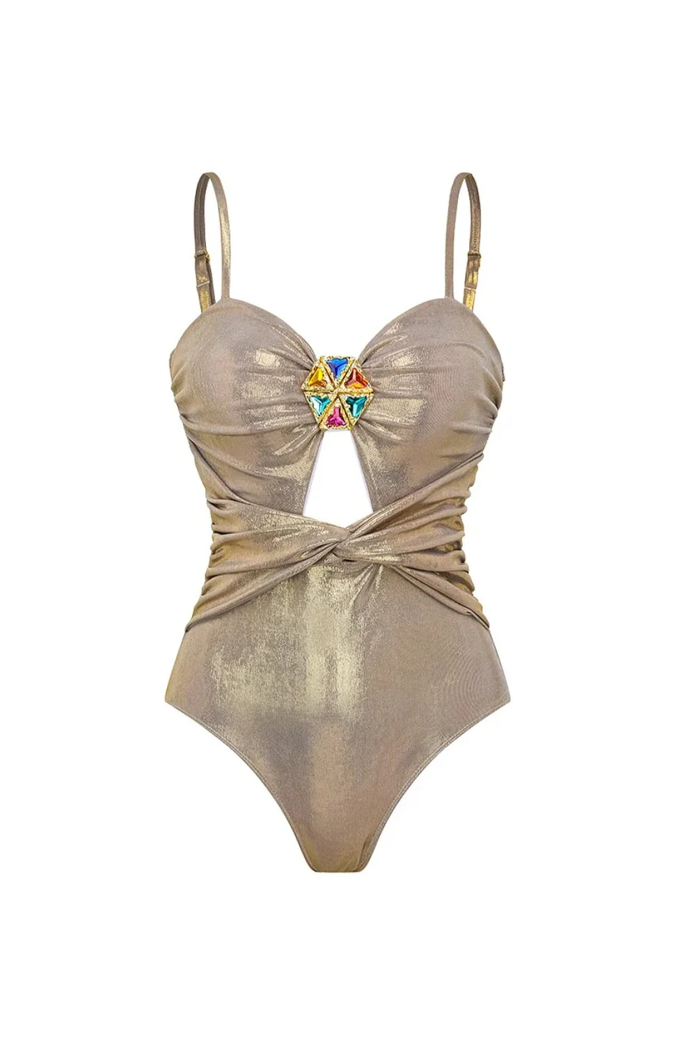 Metallic Golden 4 Piece Cut Out Swimwear Set with Cover Up - Image 2