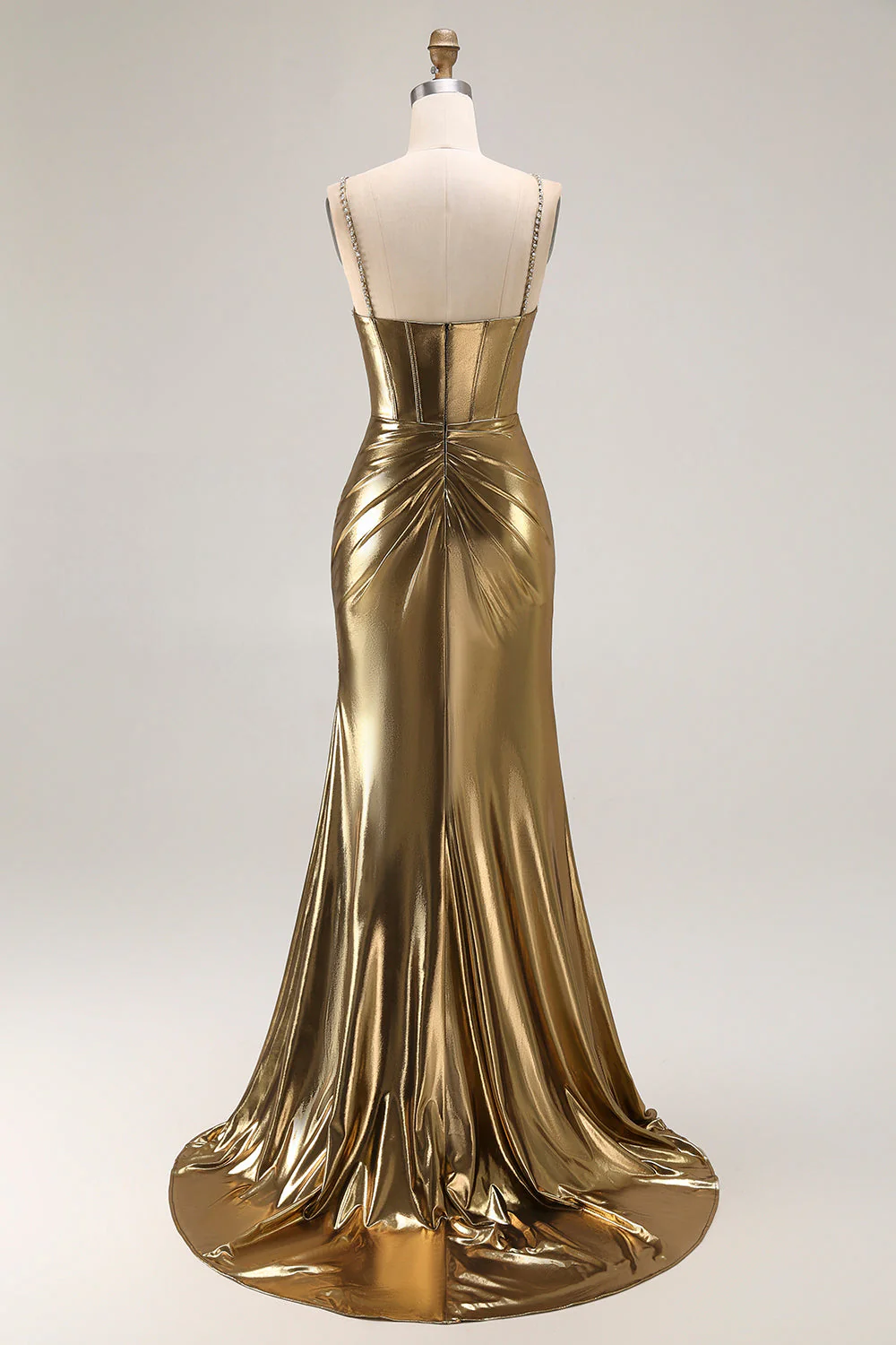 Metallic Golden Beaded Corset Mermaid Long Prom Dress With Slit - Image 2