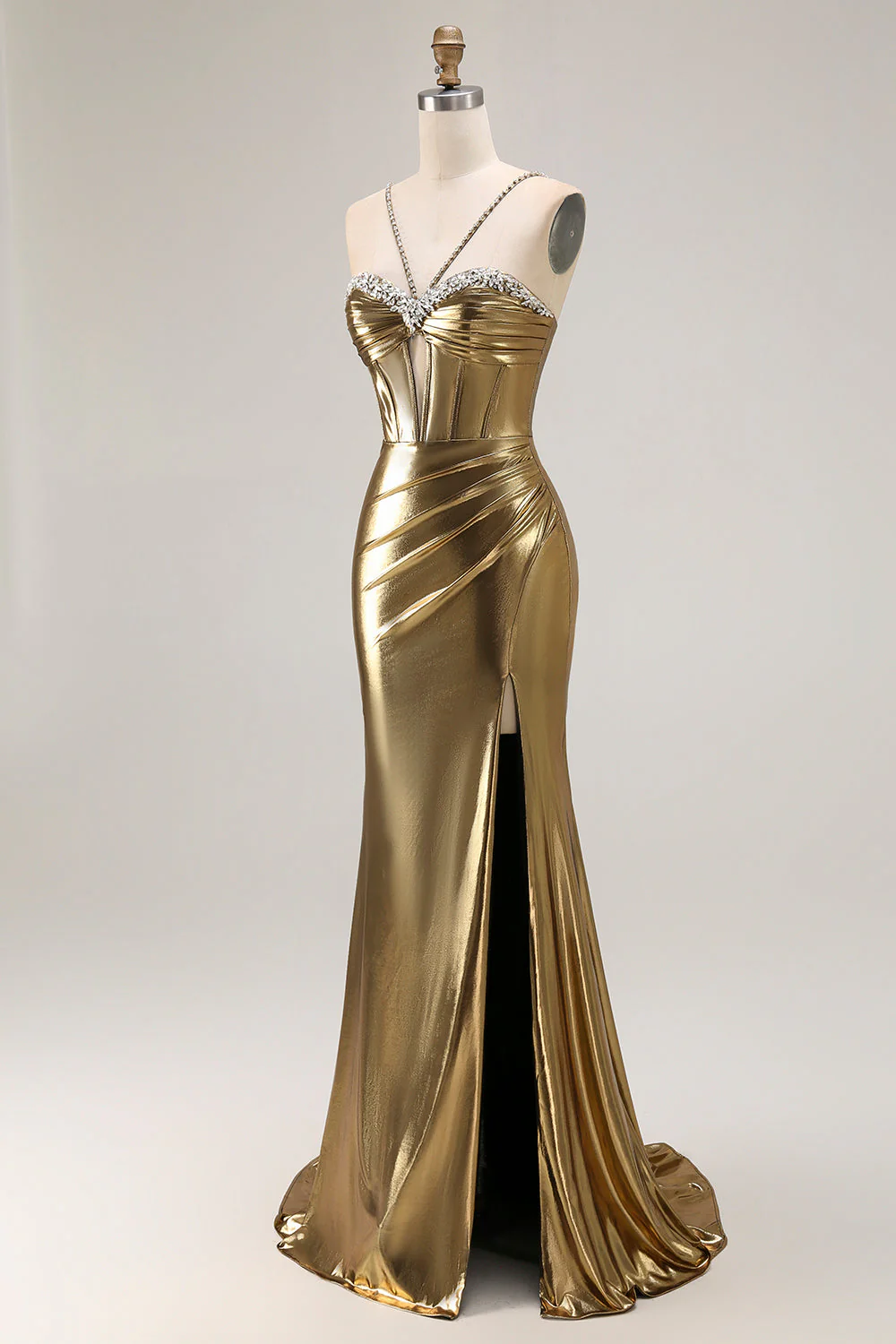 Metallic Golden Beaded Corset Mermaid Long Prom Dress With Slit - Image 3