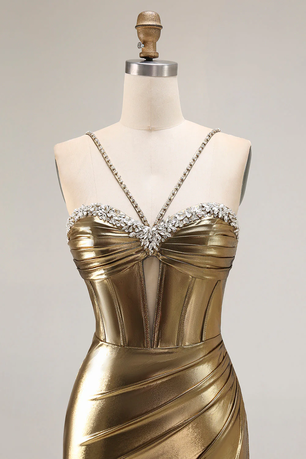 Metallic Golden Beaded Corset Mermaid Long Prom Dress With Slit - Image 4