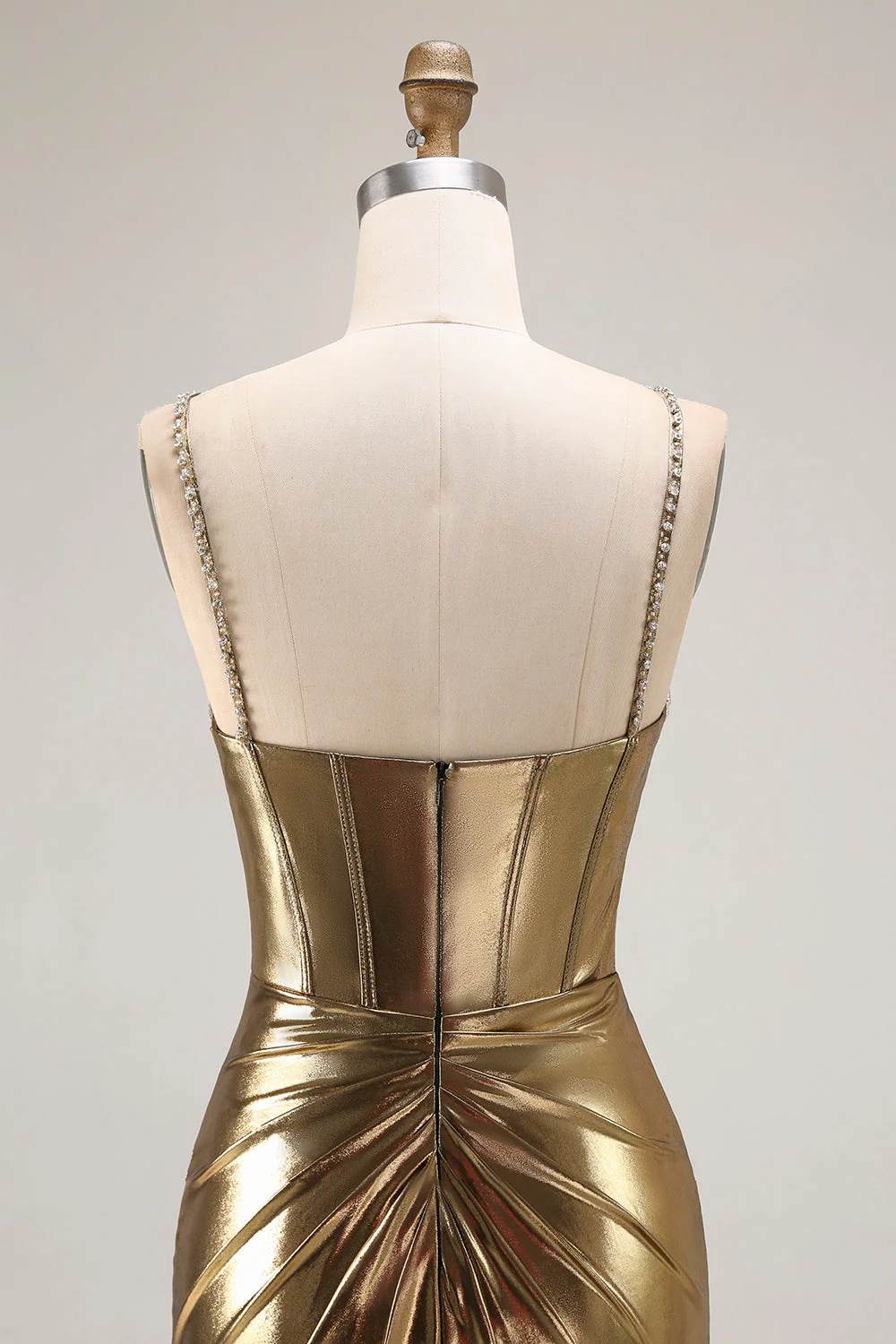 Metallic Golden Beaded Corset Mermaid Long Prom Dress With Slit - Image 5