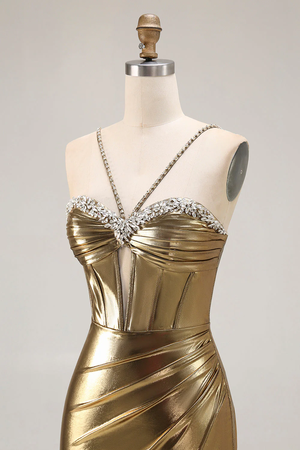 Metallic Golden Beaded Corset Mermaid Long Prom Dress With Slit - Image 6