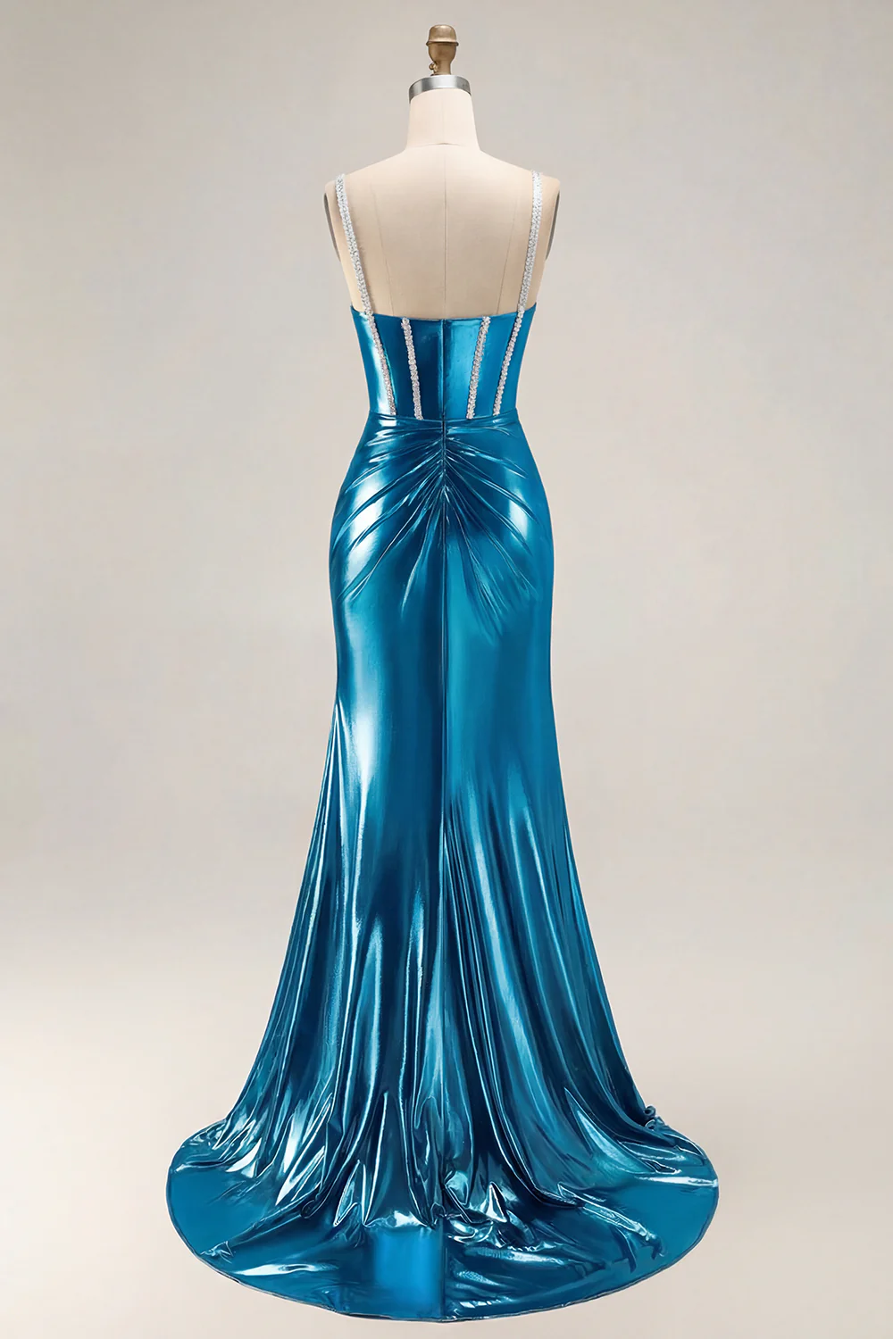 Metallic Golden Beaded Corset Mermaid Long Prom Dress With Slit - Image 8