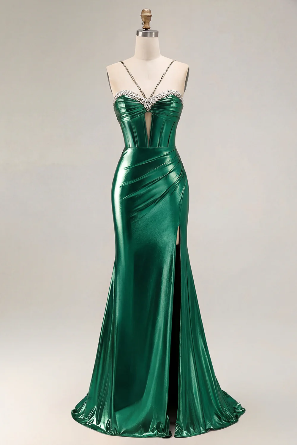 Metallic Golden Beaded Corset Mermaid Long Prom Dress With Slit - Image 9