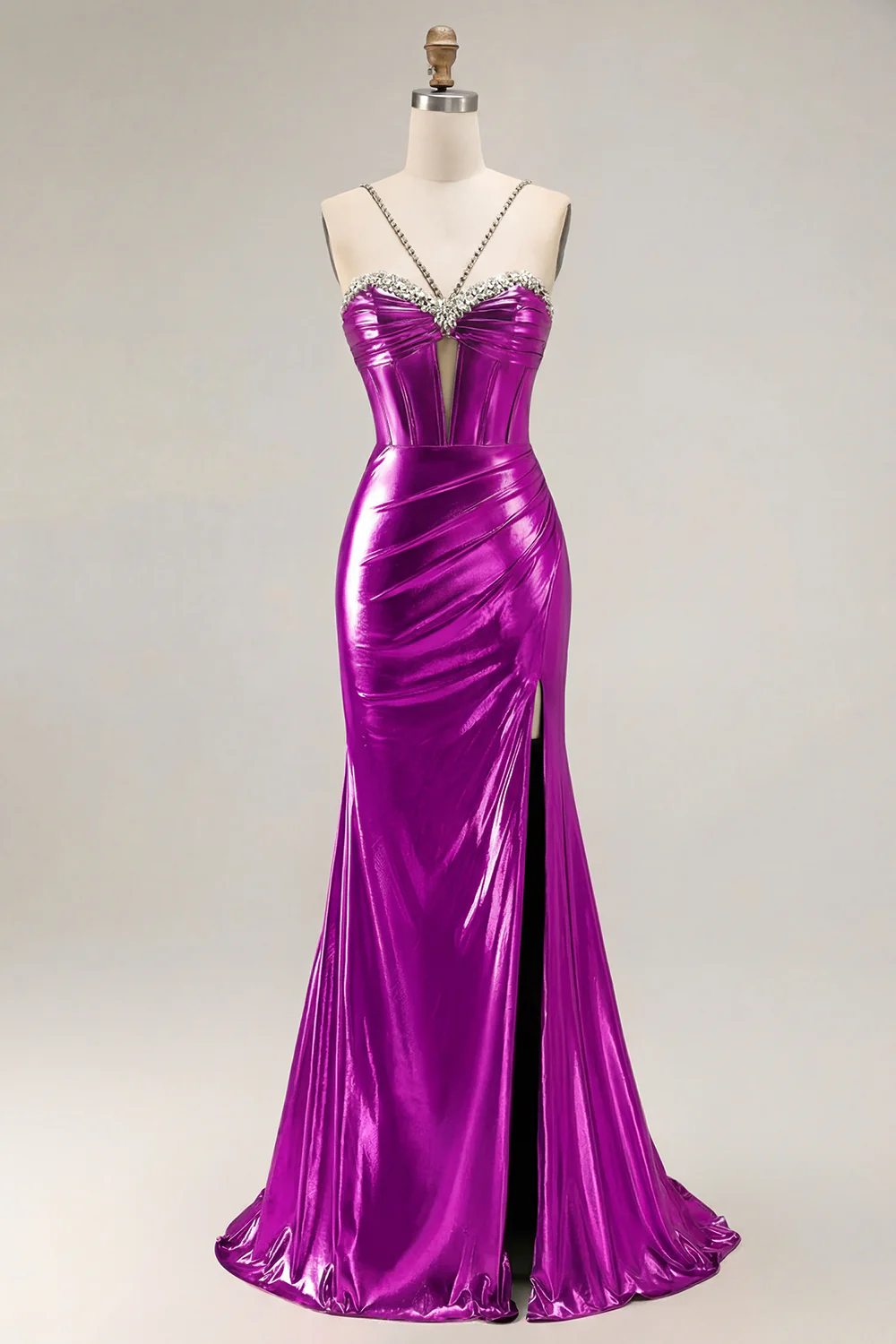 Metallic Golden Beaded Corset Mermaid Long Prom Dress With Slit - Image 11