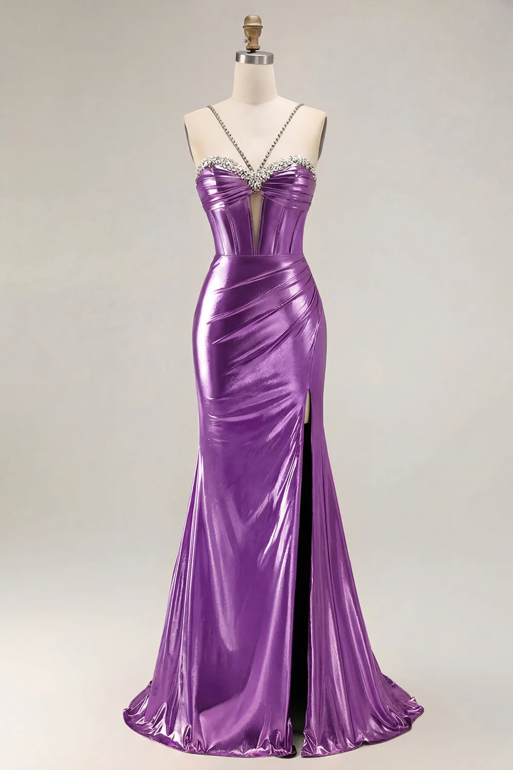 Metallic Golden Beaded Corset Mermaid Long Prom Dress With Slit - Image 13
