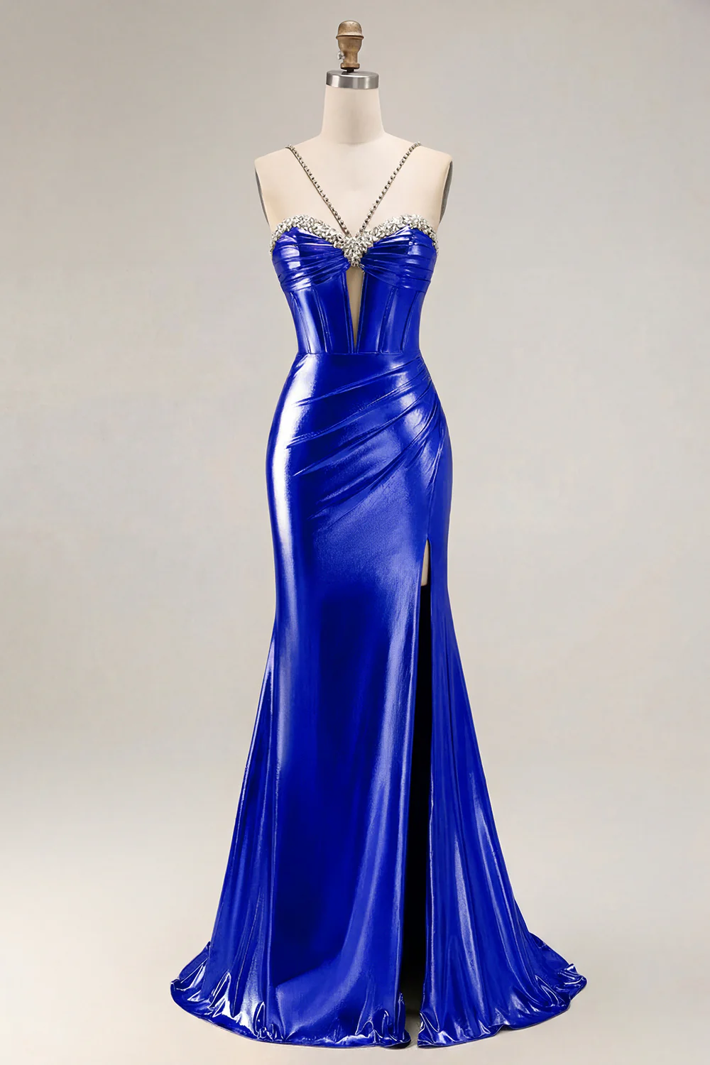 Metallic Golden Beaded Corset Mermaid Long Prom Dress With Slit - Image 15