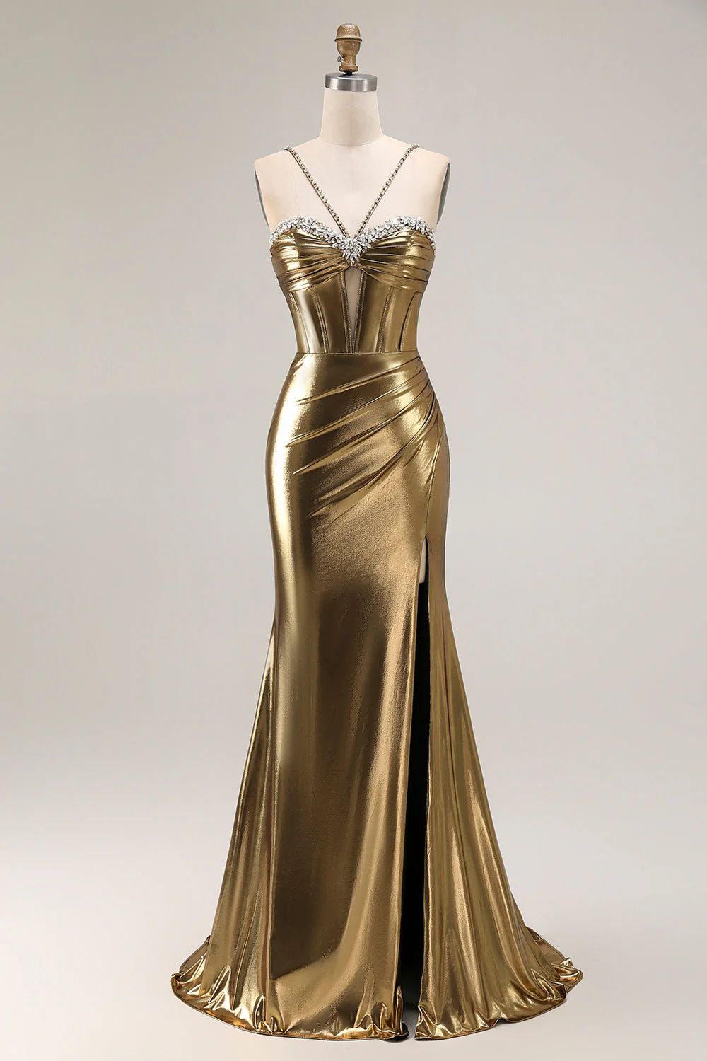 Metallic Golden Beaded Mermaid Corset Long Prom Dress With Slit - Image 7