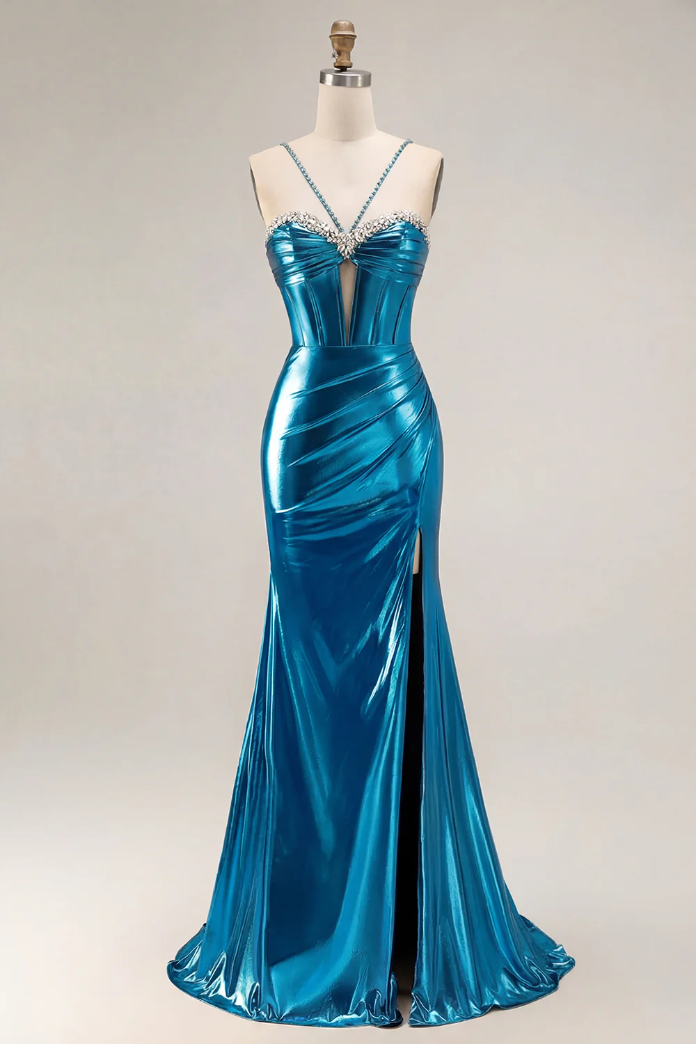 Metallic Golden Beaded Corset Mermaid Long Prom Dress With Slit - Image 7