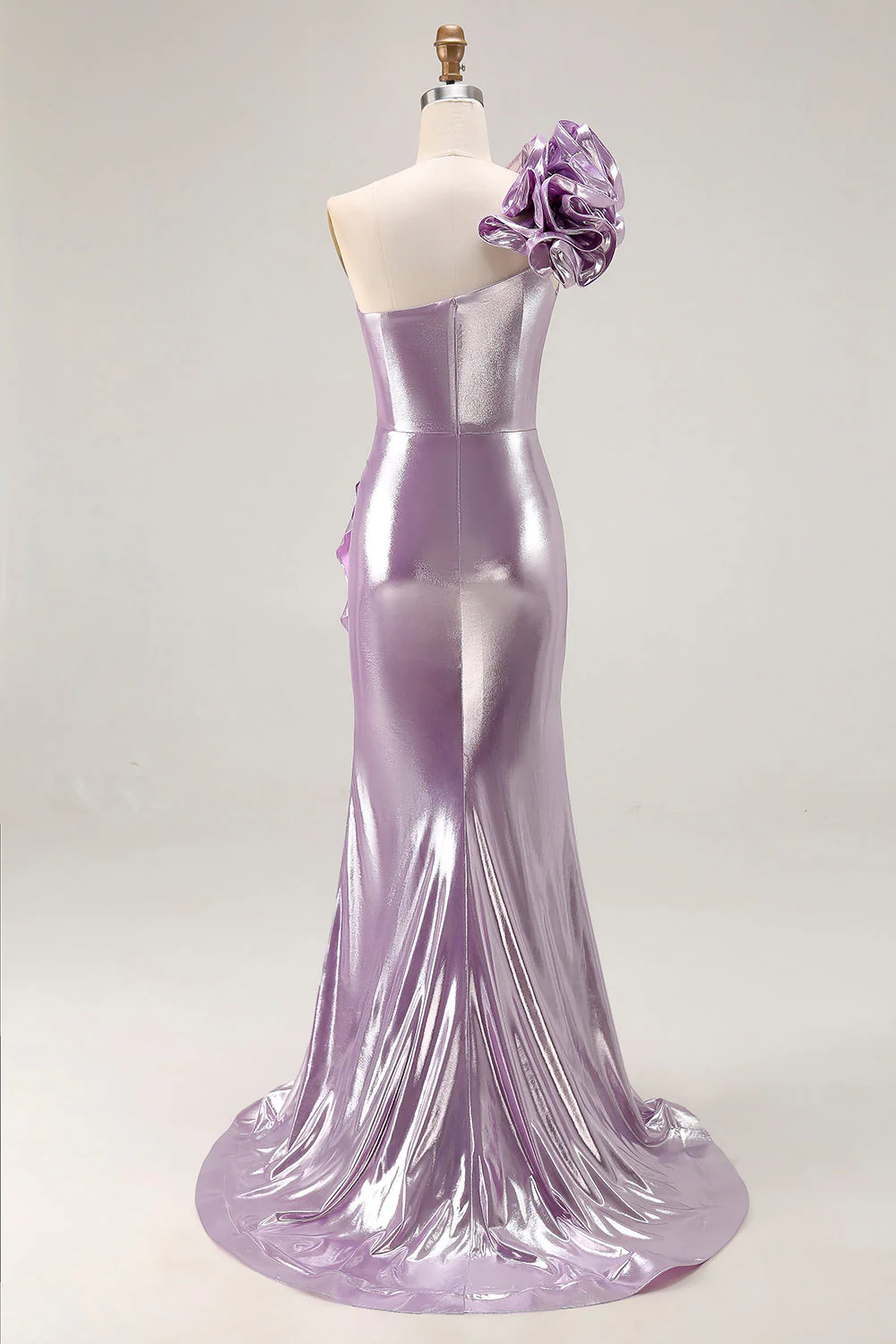 Metallic Lilac One-Shoulder Long Prom Dress with Draped Ruffle Detail - Image 2