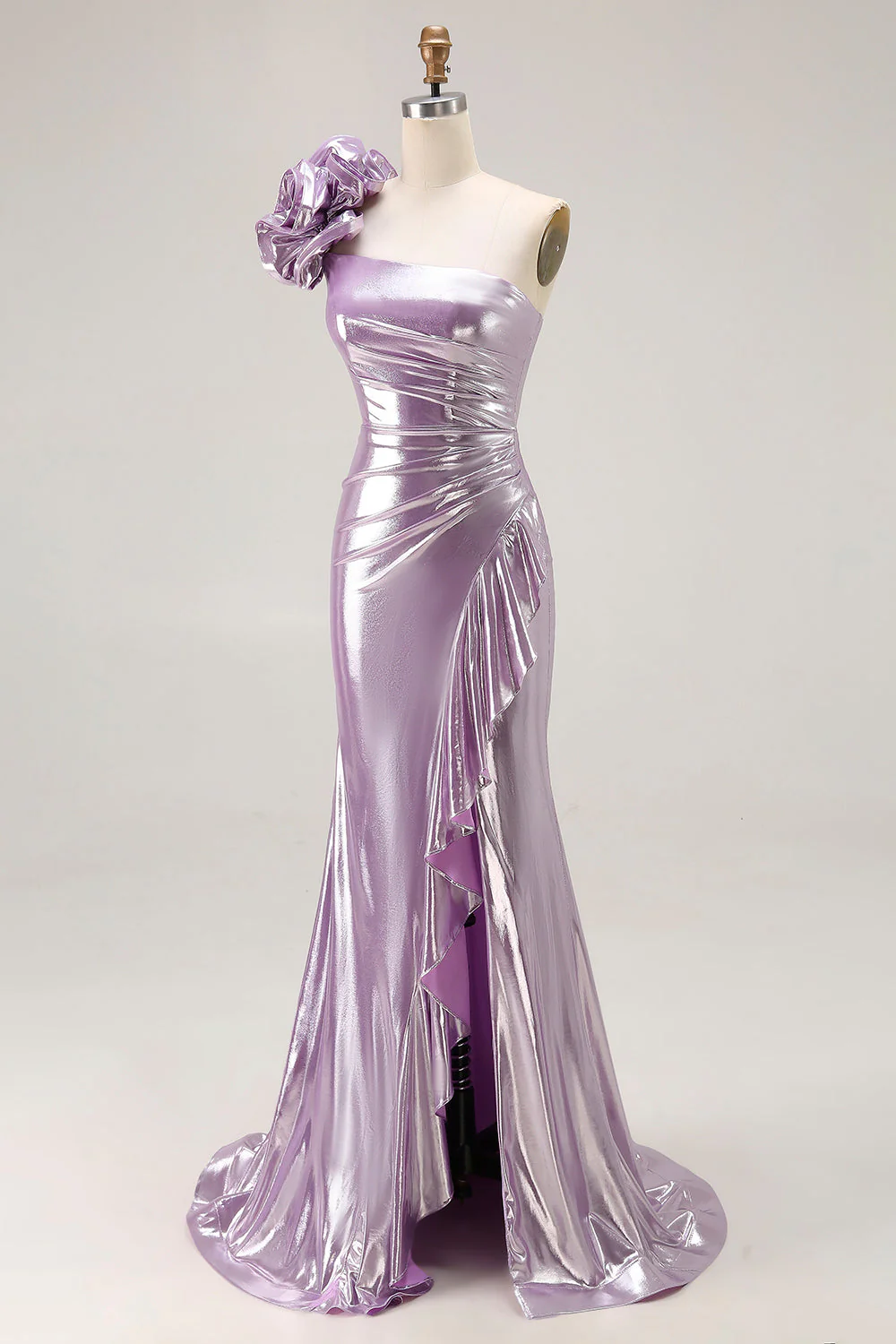 Metallic Lilac One-Shoulder Long Prom Dress with Draped Ruffle Detail - Image 3