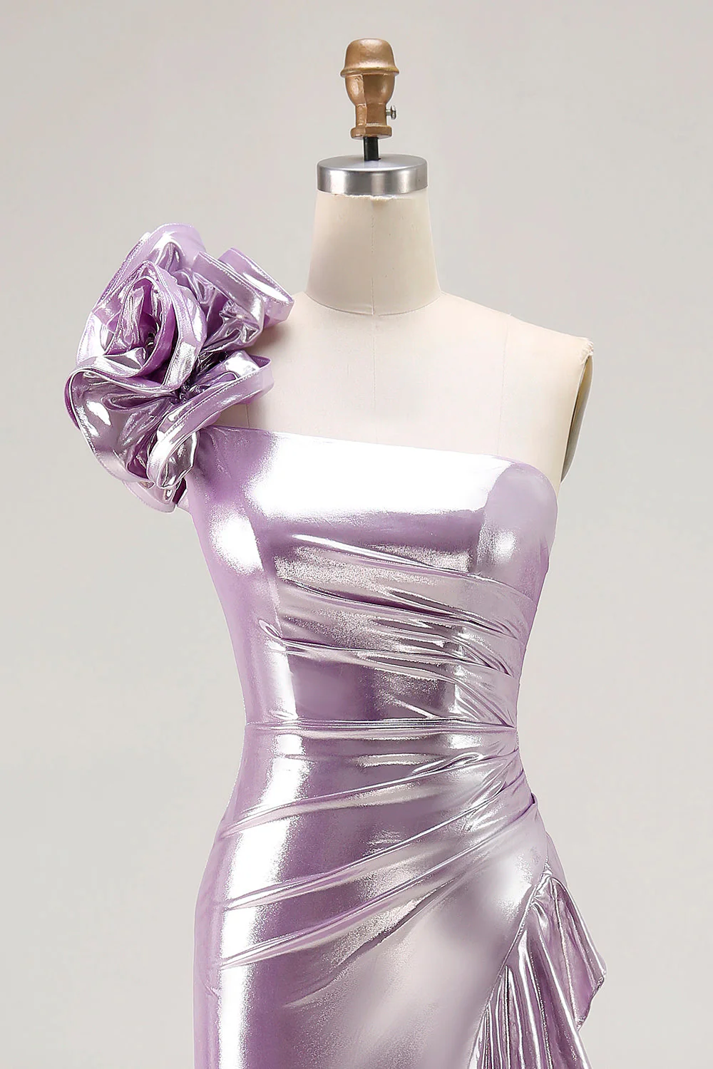 Metallic Lilac One-Shoulder Long Prom Dress with Draped Ruffle Detail - Image 4