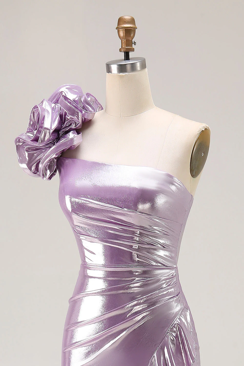 Metallic Lilac One-Shoulder Long Prom Dress with Draped Ruffle Detail - Image 5
