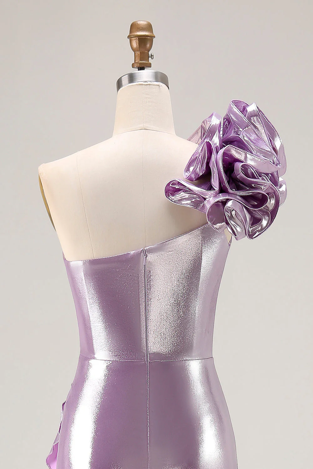 Metallic Lilac One-Shoulder Long Prom Dress with Draped Ruffle Detail - Image 6