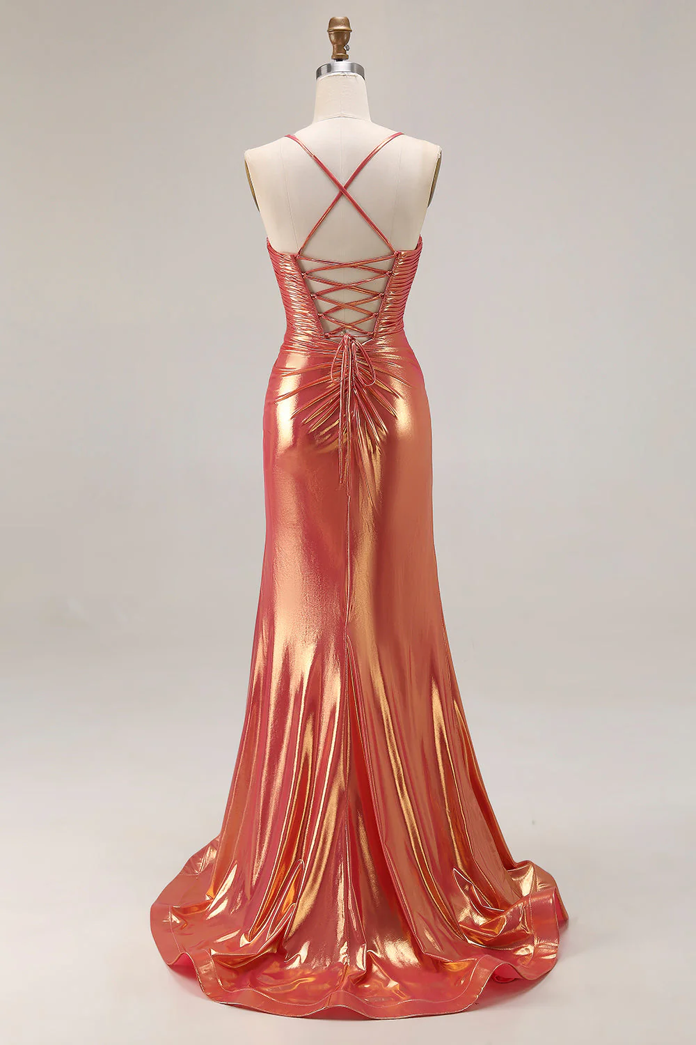 Metallic Orange Mermaid Beaded Ruched Long Prom Dress with Slit - Image 2