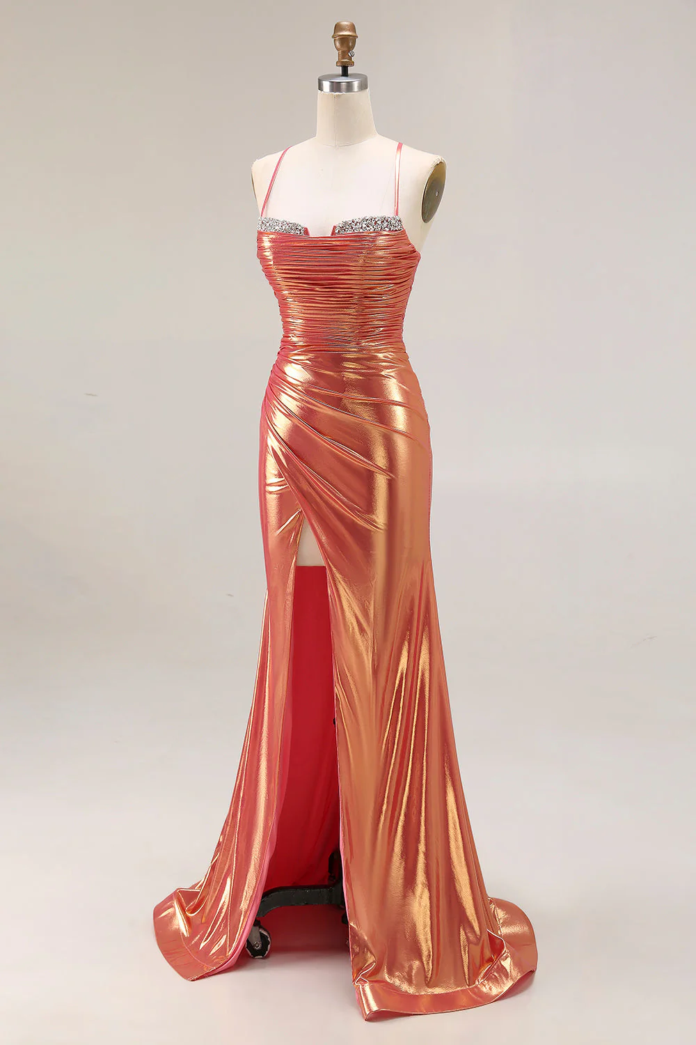 Metallic Orange Mermaid Beaded Ruched Long Prom Dress with Slit - Image 3