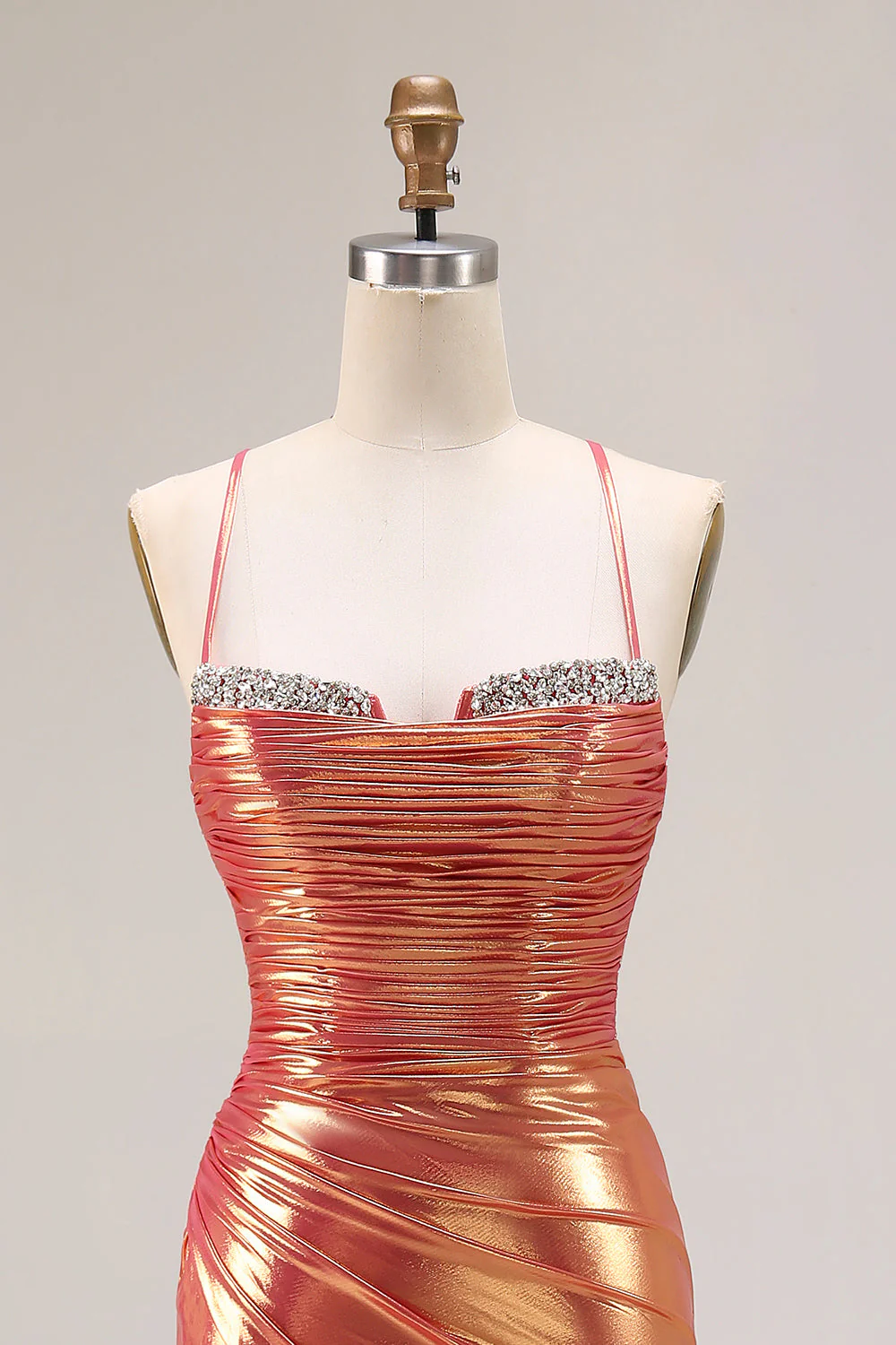 Metallic Orange Mermaid Beaded Ruched Long Prom Dress with Slit - Image 4