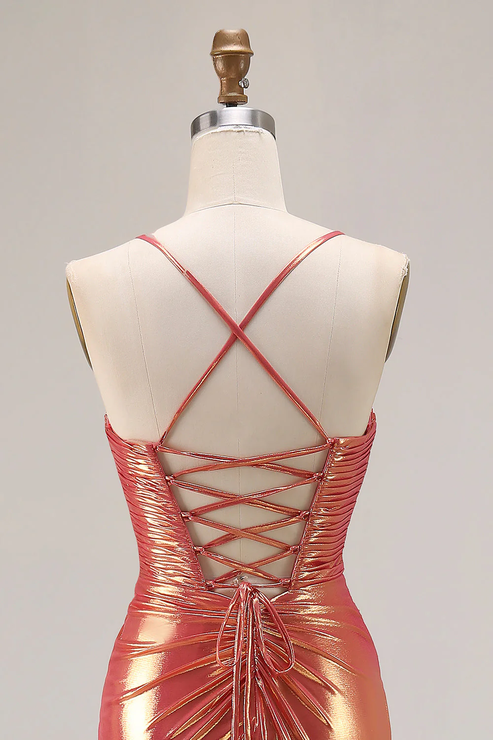 Metallic Orange Mermaid Beaded Ruched Long Prom Dress with Slit - Image 5