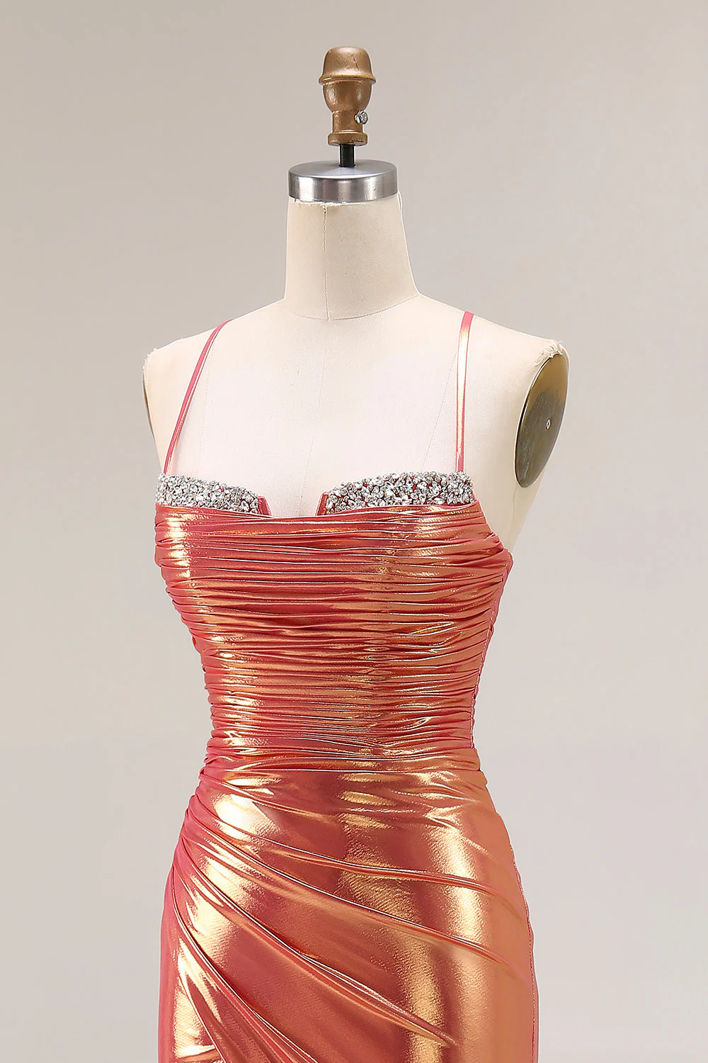 Metallic Orange Mermaid Beaded Ruched Long Prom Dress with Slit - Image 6