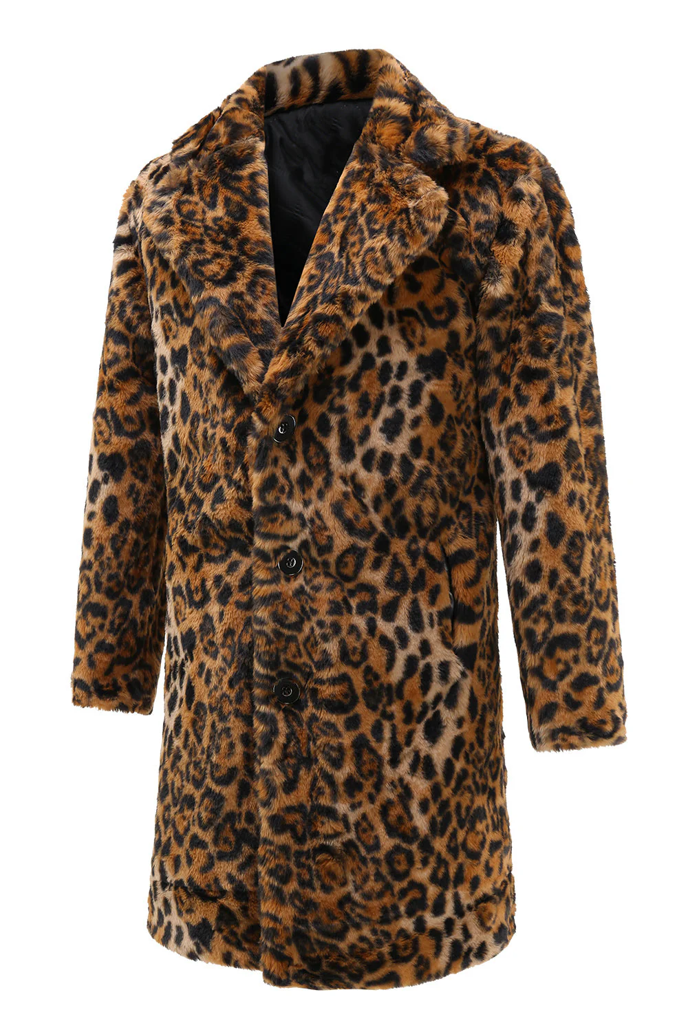 Mid-Length Brown Leopard Print Faux Fur Men's Winter Coat with Lapel Collar - Image 3