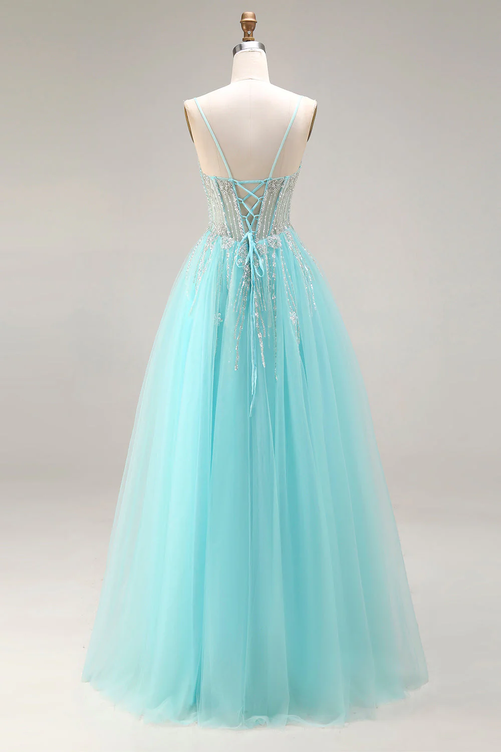 Mint A-Line Sequins Sheer Corset Beaded Long Prom Dress with Lace Up Back - Image 2