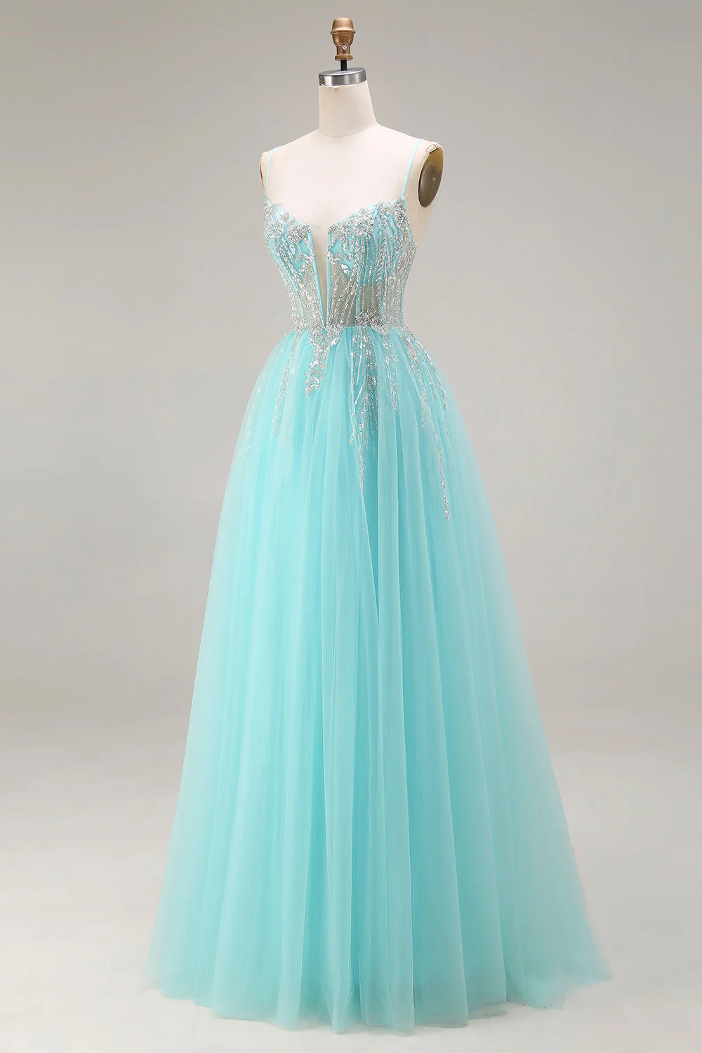 Mint A-Line Sequins Sheer Corset Beaded Long Prom Dress with Lace Up Back - Image 3