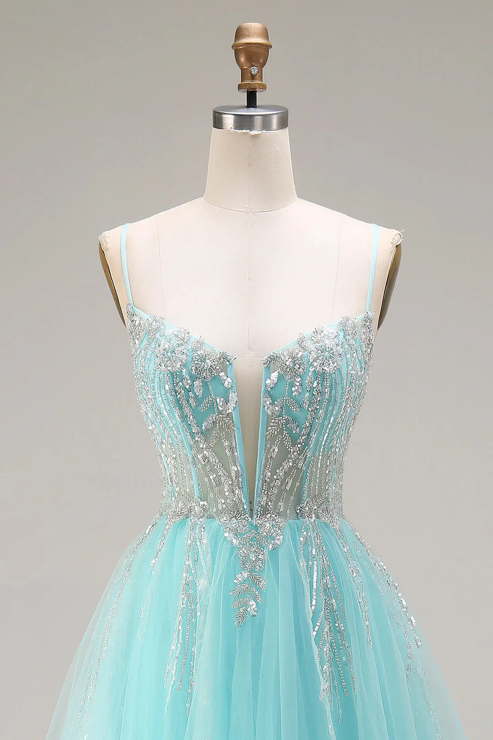 Mint A-Line Sequins Sheer Corset Beaded Long Prom Dress with Lace Up Back - Image 4