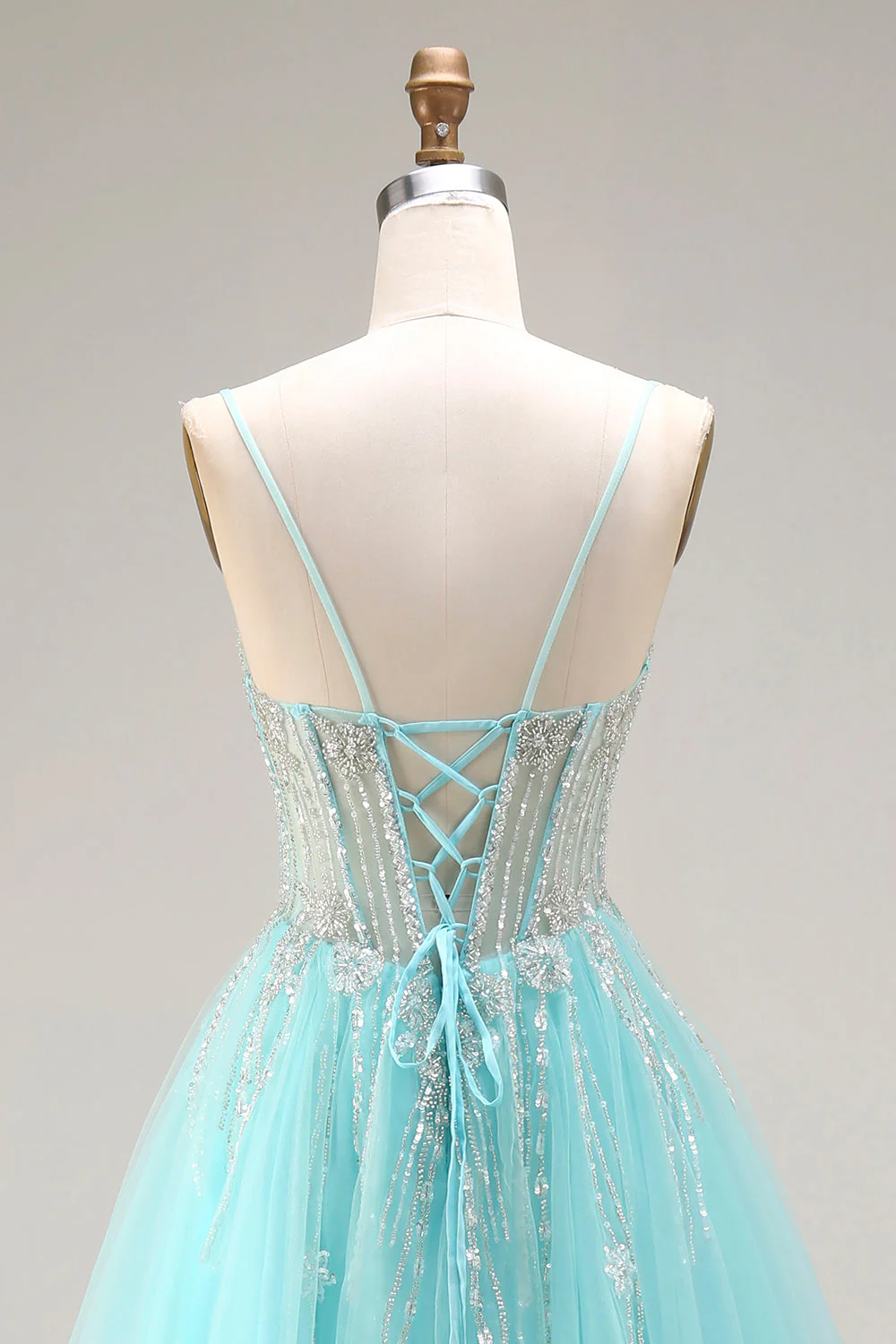 Mint A-Line Sequins Sheer Corset Beaded Long Prom Dress with Lace Up Back - Image 5